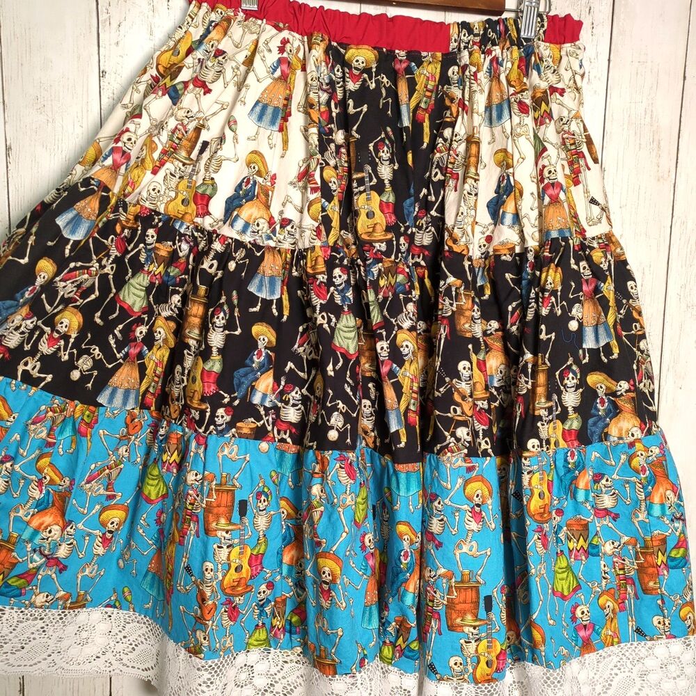 Handmade Dia De Los Muertos Full Skirt XL Skeleton Lace Twirly Day of the Dead